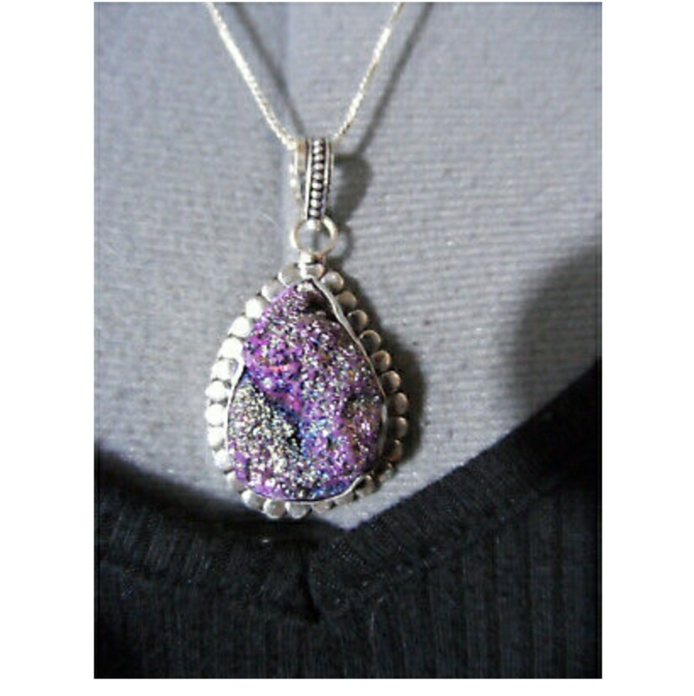 New Boho Quartz Stone Necklace Purple Silver